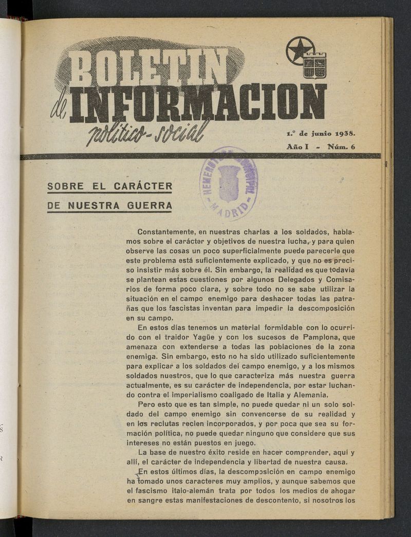 Boletn Informacin Poltico-Social (1938-1939) del 1 de junio de 1938