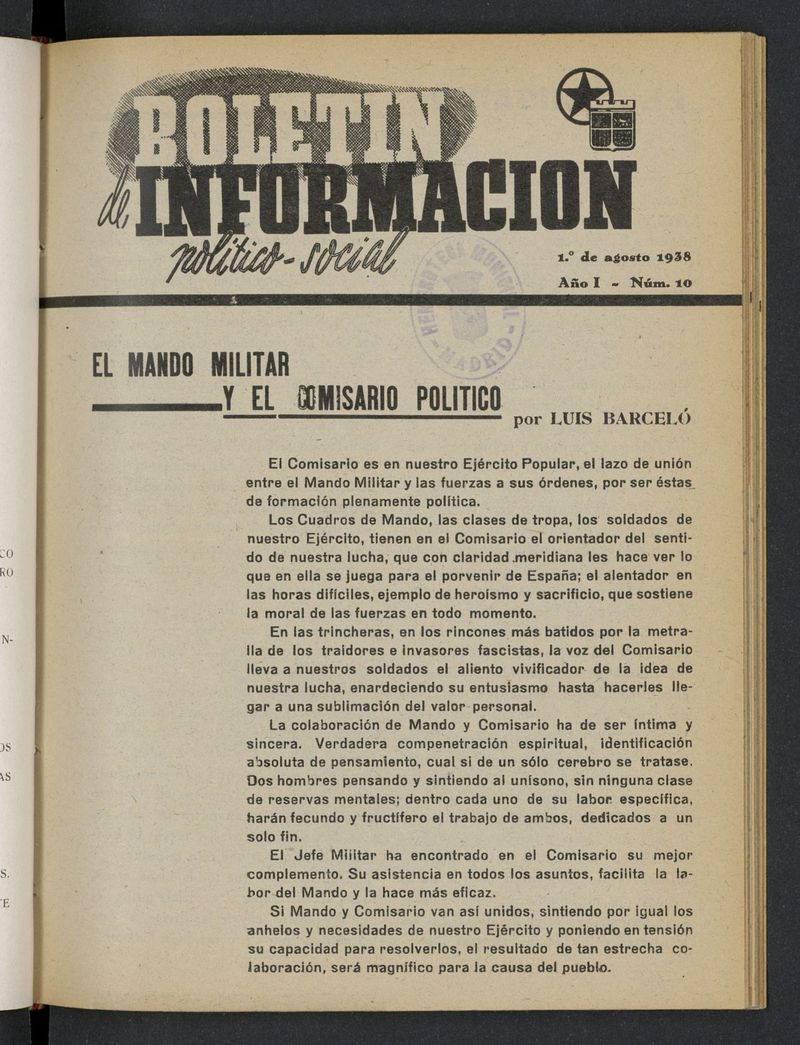 Boletn Informacin Poltico-Social (1938-1939) del 1 de agosto de 1938