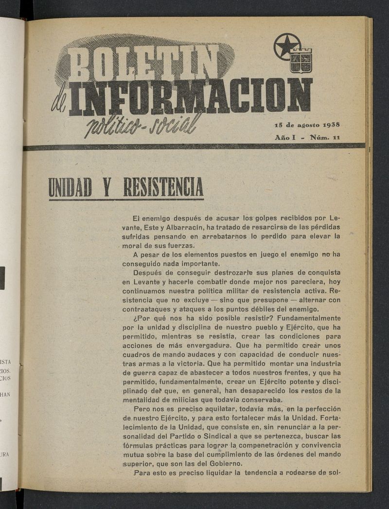 Boletn Informacin Poltico-Social (1938-1939) del 15 de agosto de 1938