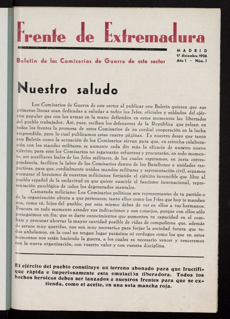 Frente de Extremadura: boletn de los Comisarios de Guerra de este Sector