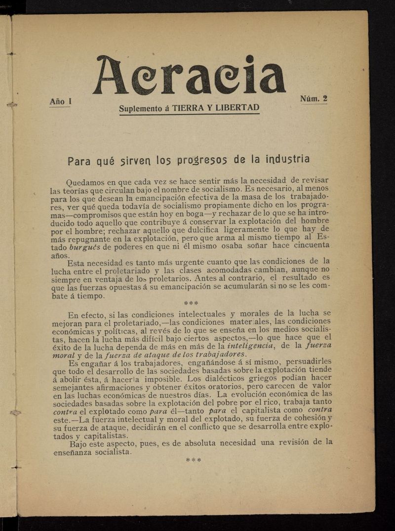 Acracia: Suplemento de Tierra y Libertad del 1 de octubre de 1908