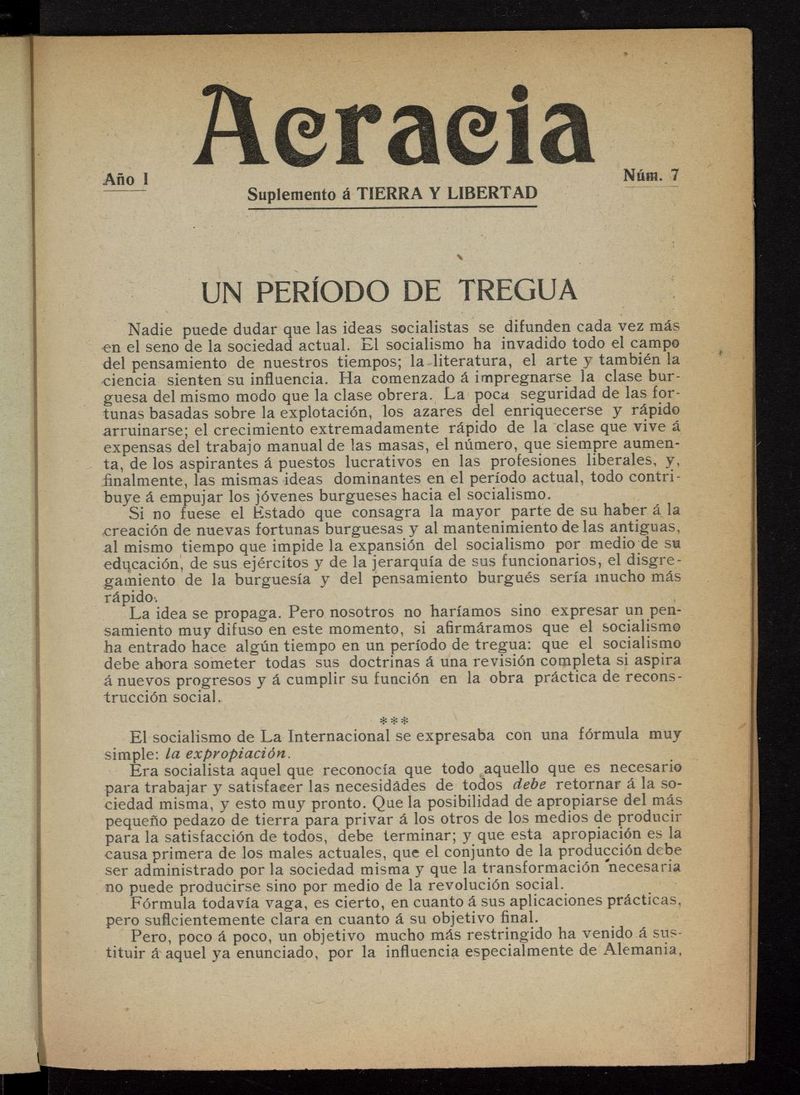 Acracia: Suplemento de Tierra y Libertad del 4 de marzo de 1909