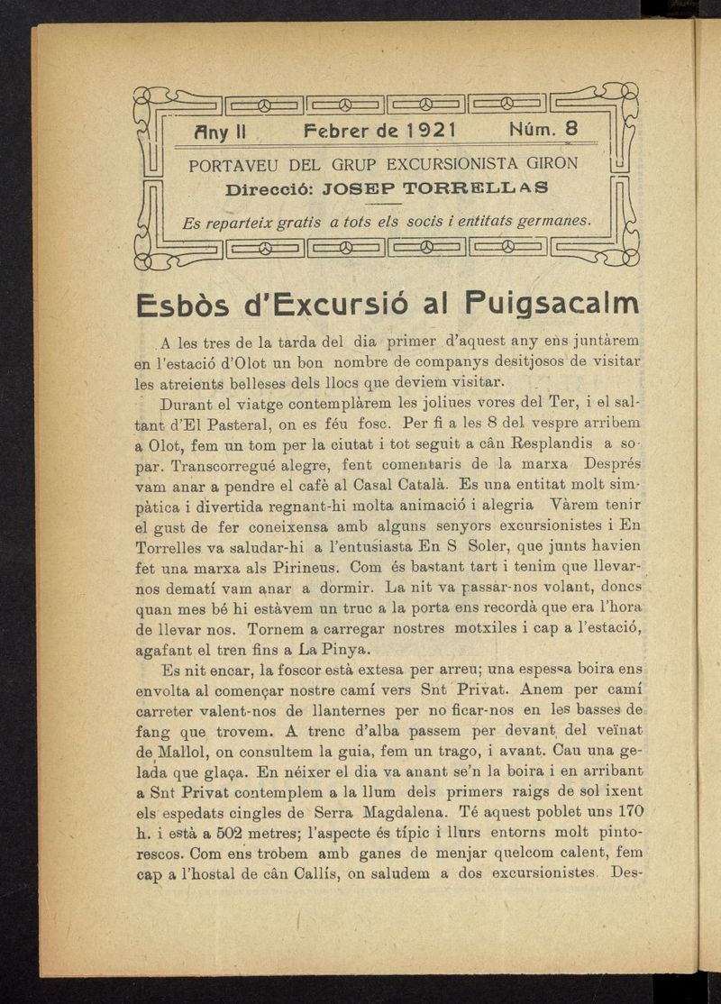 Butllet Mensual del Grup Excursionista Giron de febrero de 1921