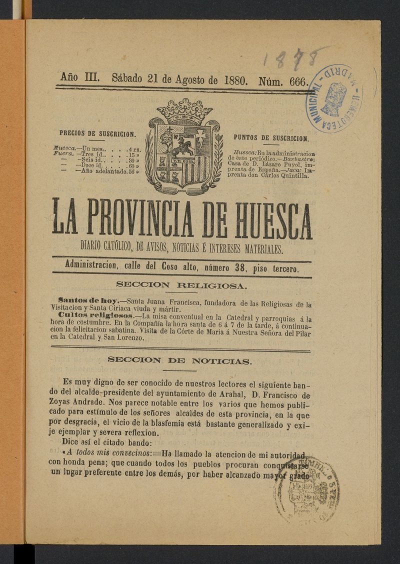 La Provincia de Huesca: diario catlico, de avisos, noticias  intereses materiales