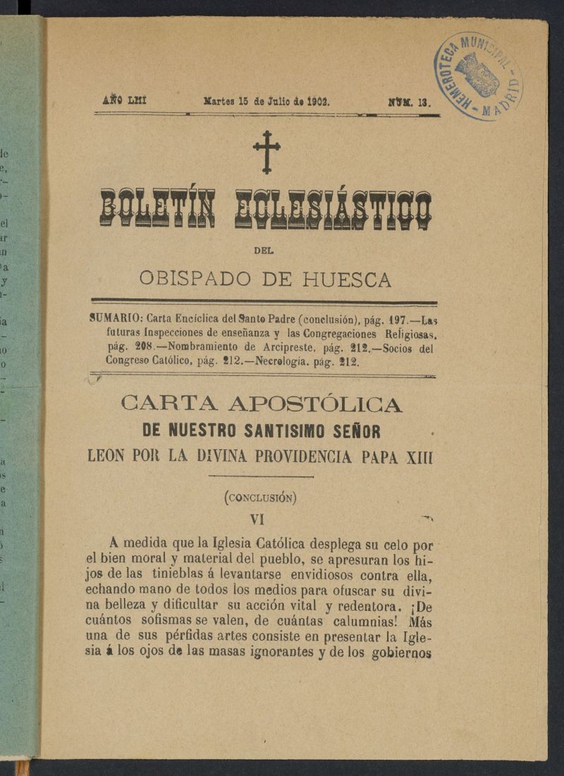 Boletn Eclesistico del Obispado de Huesca del 15 de julio de 1892