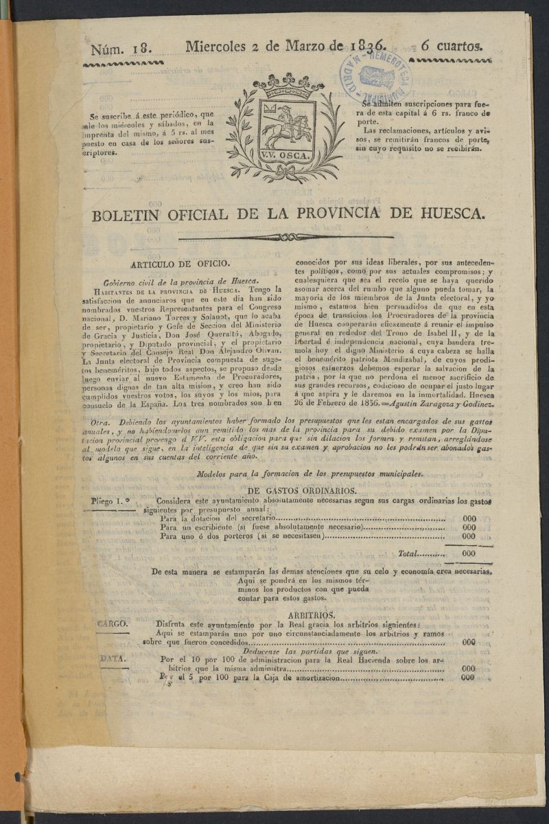Boletn Oficial de la Provincia de Huesca del 2 de marzo de 1836
