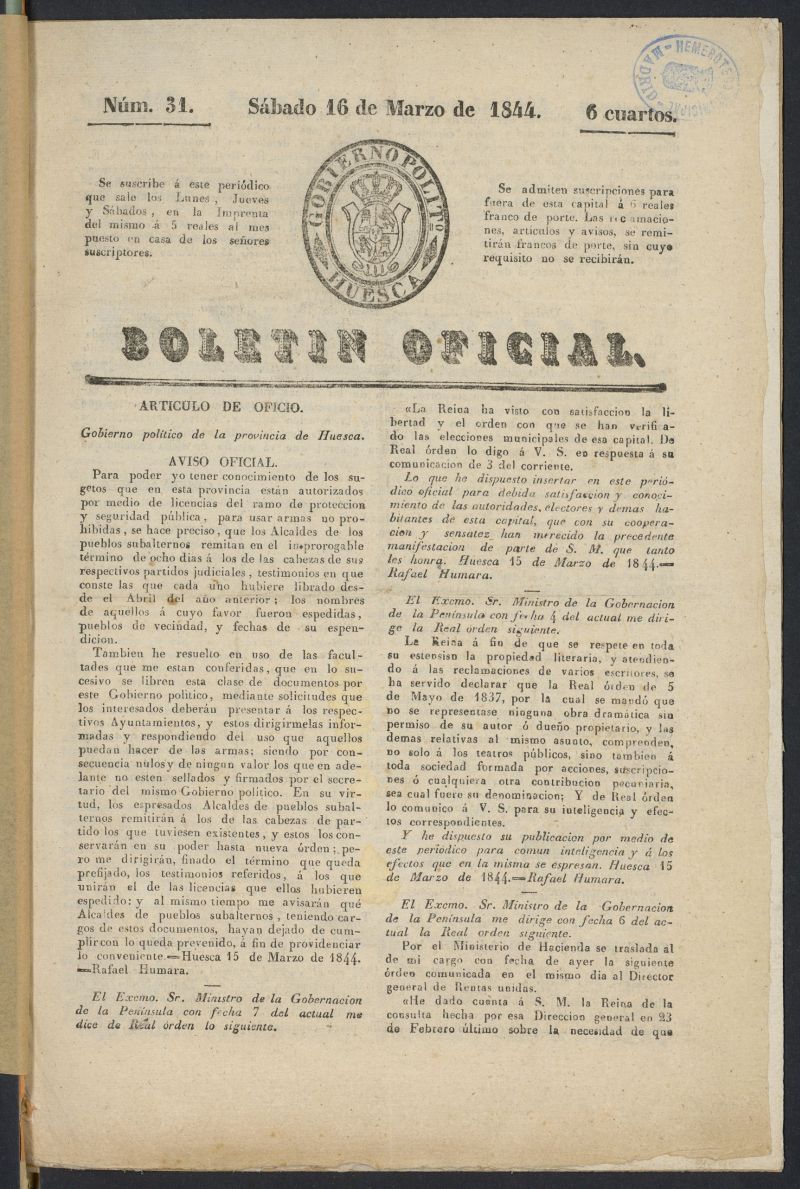 Boletn Oficial de la Provincia de Huesca del 16 de marzo de 1844