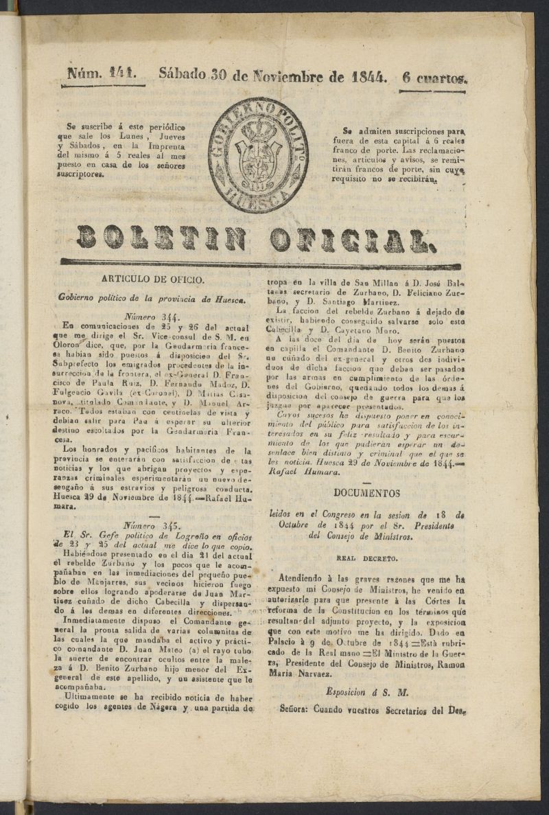 Boletn Oficial de la Provincia de Huesca del 30 de noviembre de 1844
