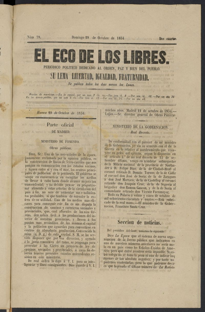El Eco de los libres del 29 de octubre de 1854