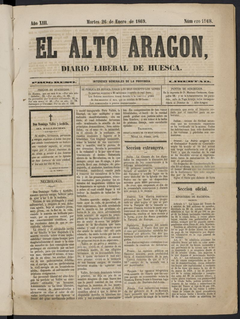 El Alto Aragn (Huesca, 1857) del 26 de enero de 1869