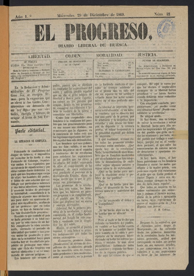 El Progreso: diario liberal de Huesca del 29 de diciembre de 1869