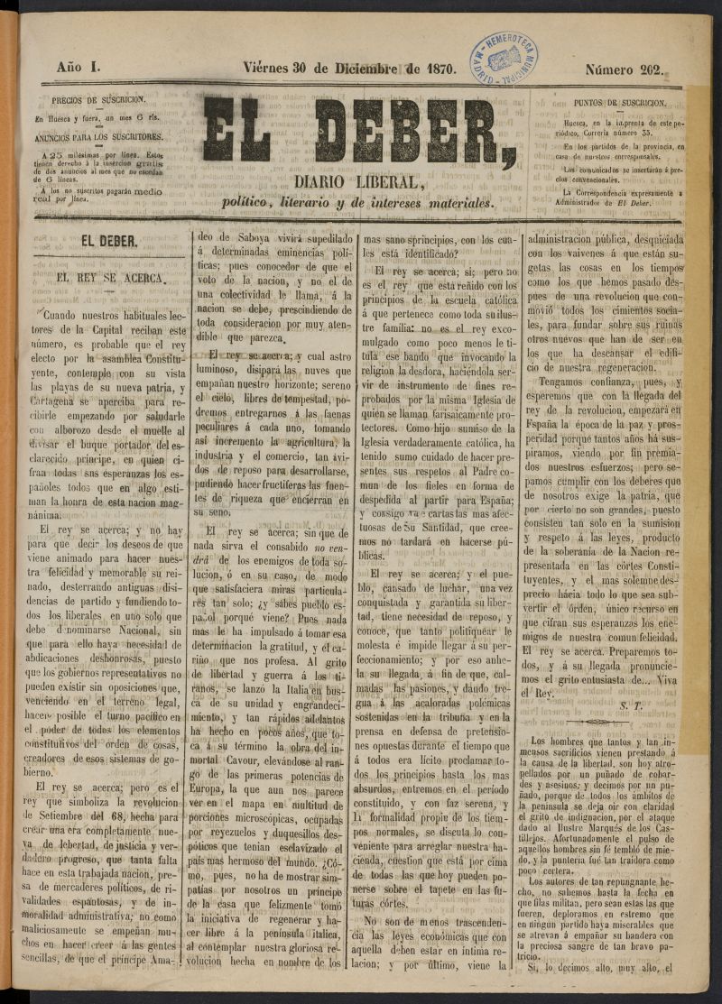 El Deber : diario liberal, poltico, literario y de intereses materiales del 30 de diciembre de 1870