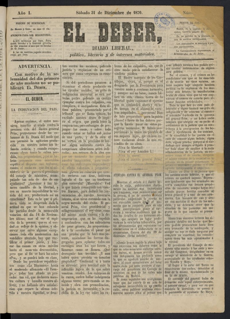 El Deber : diario liberal, poltico, literario y de intereses materiales del 31 de diciembre de 1870