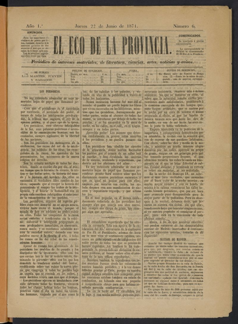 El Eco de la provincia (Huesca, 1871) del 22 de junio de 1871