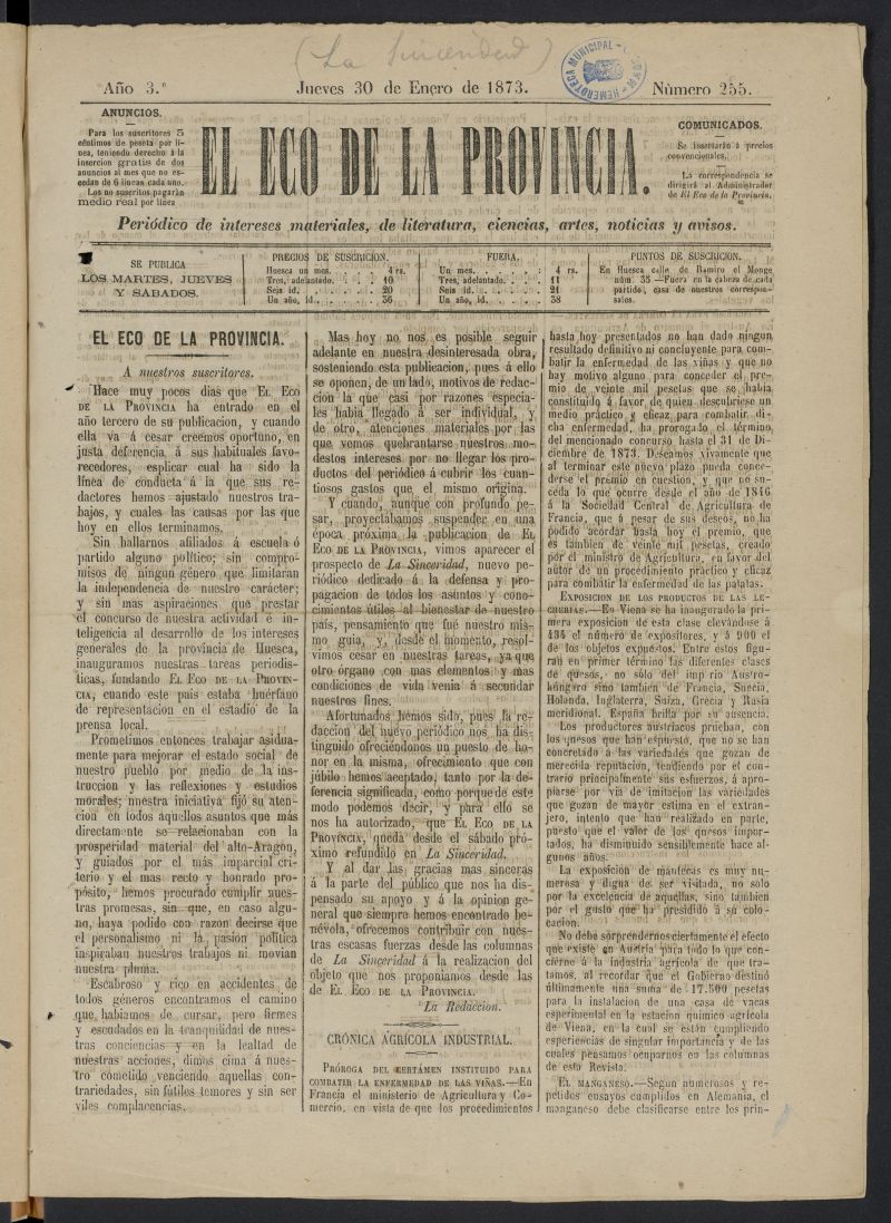 El Eco de la provincia (Huesca, 1871) del 30 de enero de 1873