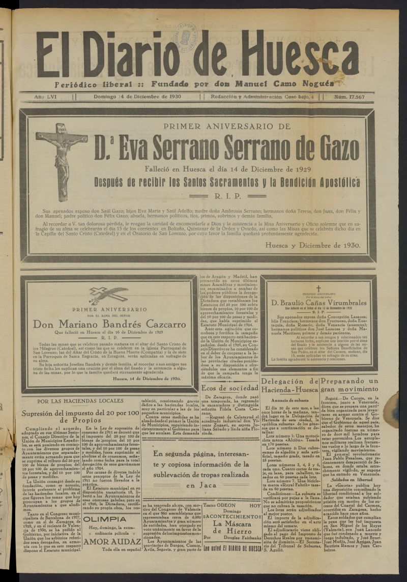 El Diario de Huesca: peridico liberal del 14 de diciembre de 1930