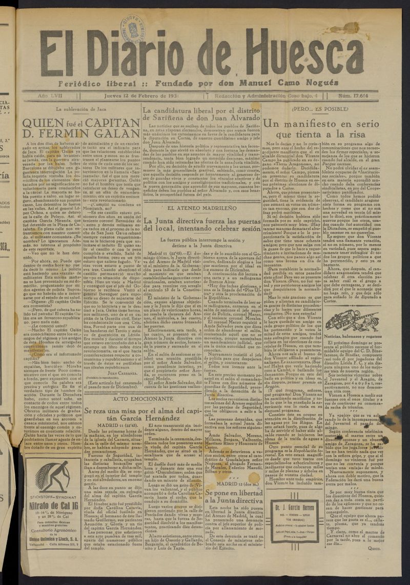 El Diario de Huesca: peridico liberal del 12 de febrero de 1931