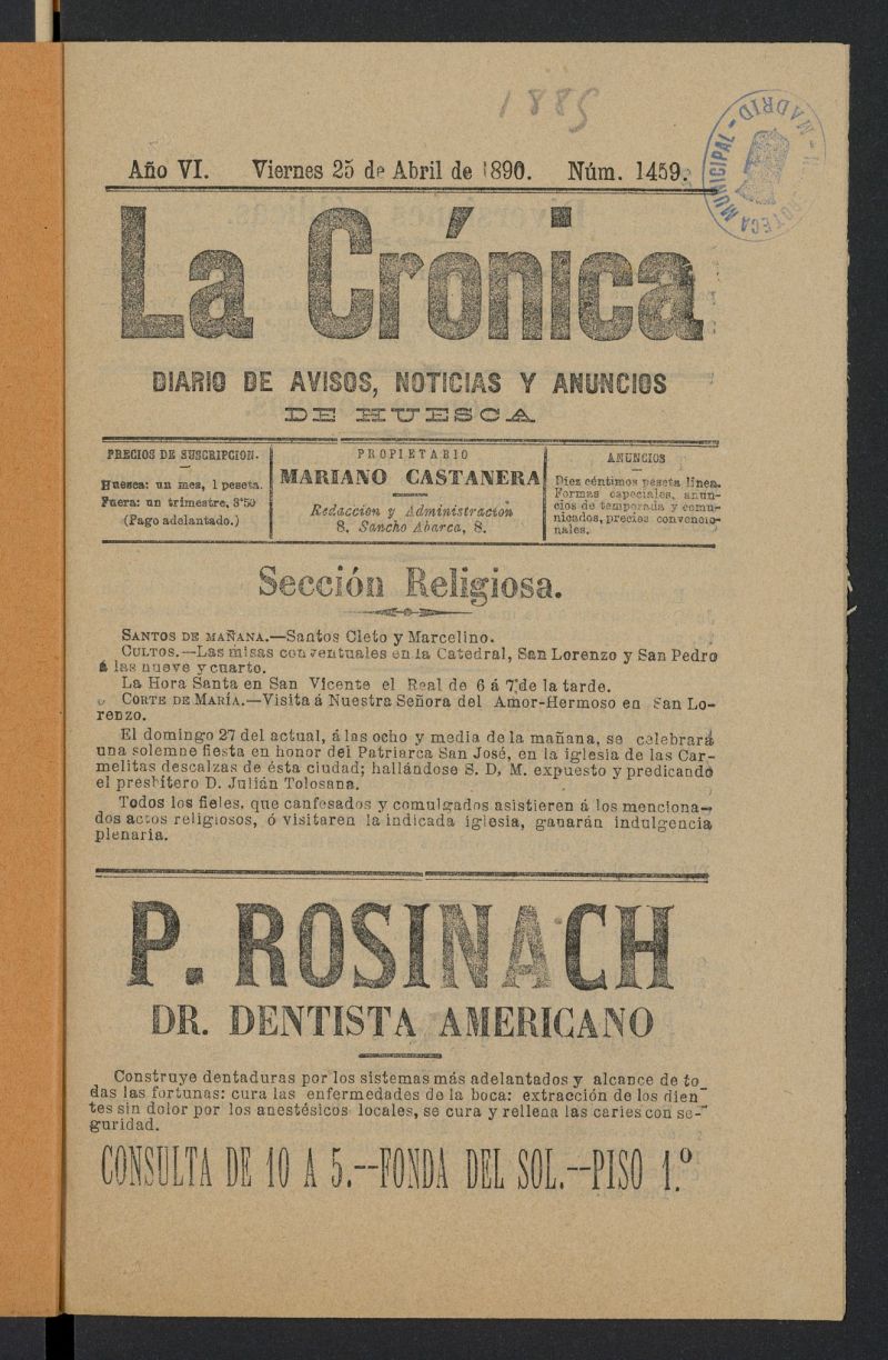 La Crónica: diario de avisos, noticias y anuncios de Huesca del 25 de abril de 1890