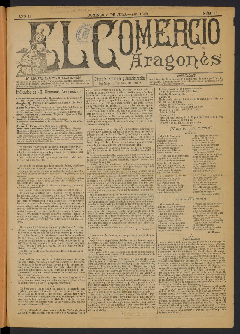 El Comercio aragons (Huesca, 1887) del 8 de julio de 1888