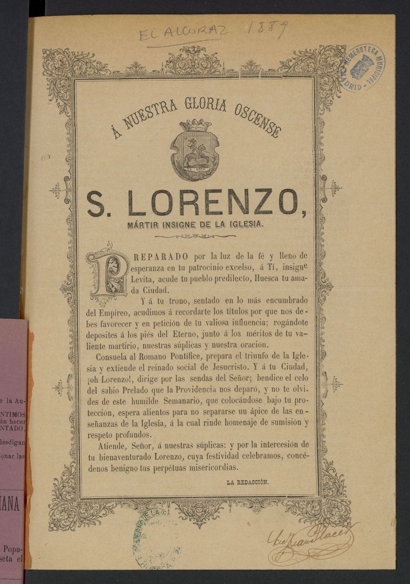 El Alcoraz: semanario catlico del 9 de agosto de 1889