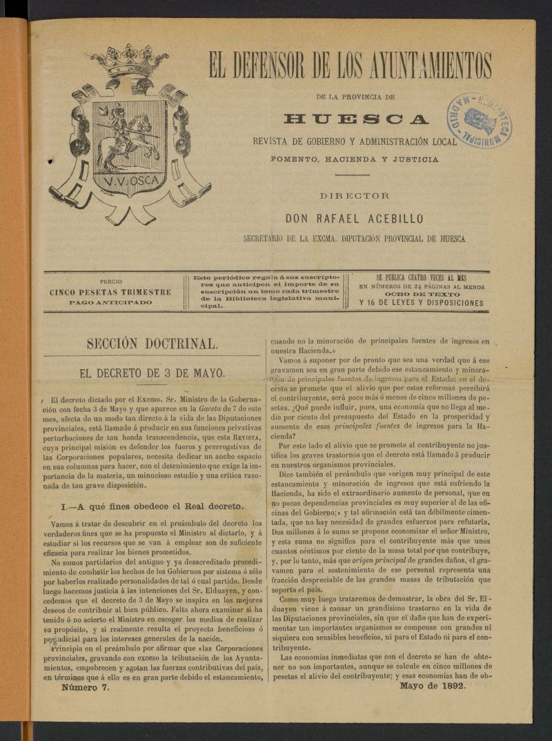 El Defensor de los ayuntamientos de la provincia de Huesca de mayo de 1892