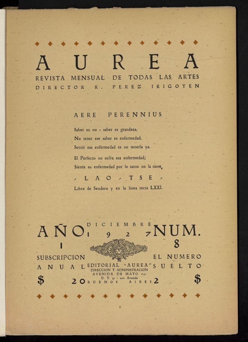 Aurea: revista mensual de todas las artes del 8 de diciembre de 1927