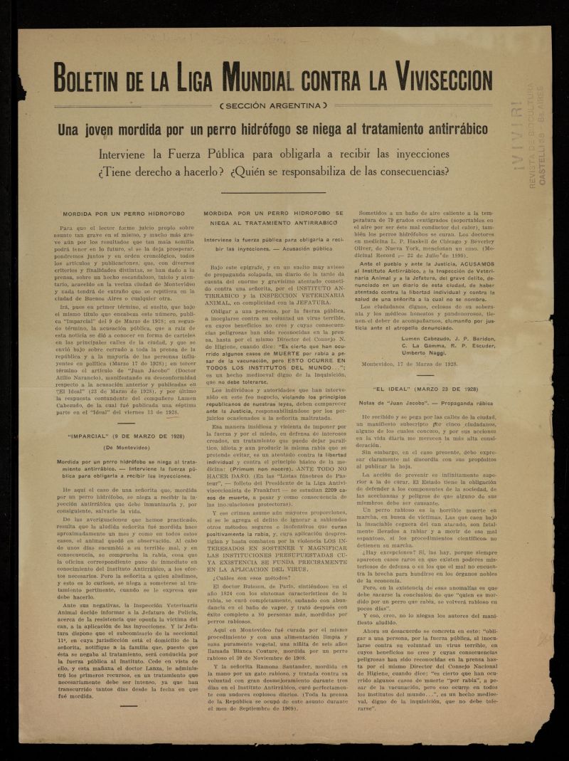 Boletn de la liga mundial contra viviseccin de 1928