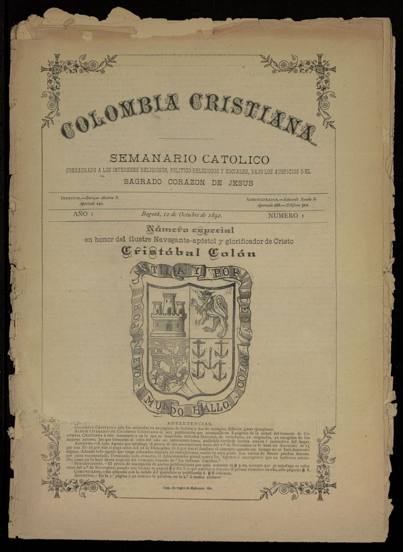 Colombia Cristiana del 12 de octubre de 1892