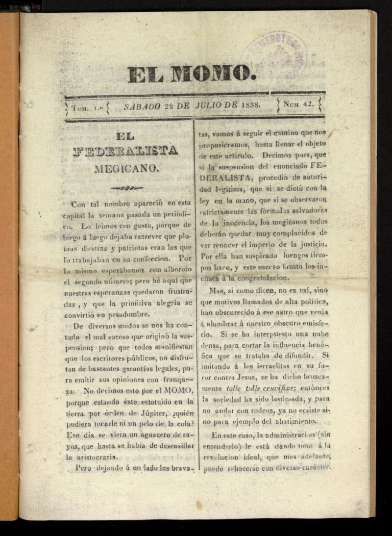 El Momo del 28 de julio de 1838