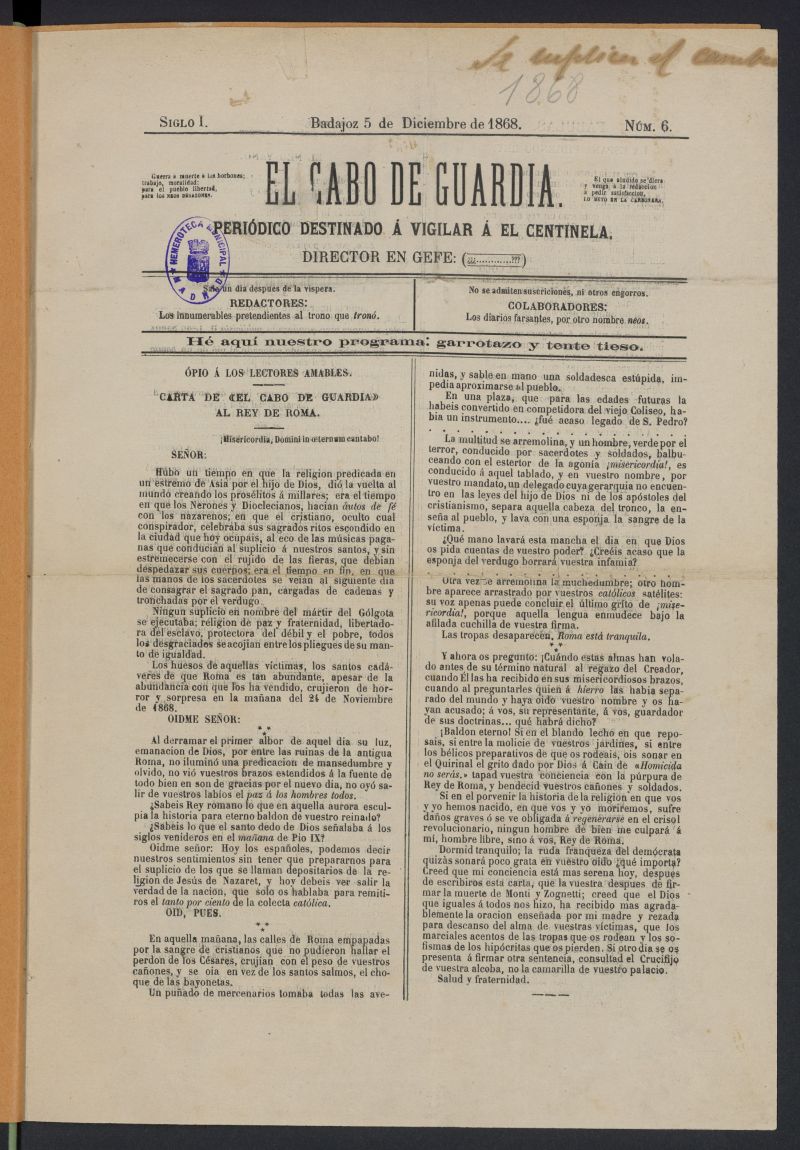 El Cabo de Guardia (Badajoz.1868) del 5 de diciembre de 1868