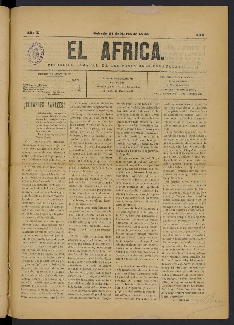 El frica (Ceuta, 1891) del 14 de marzo de 1896
