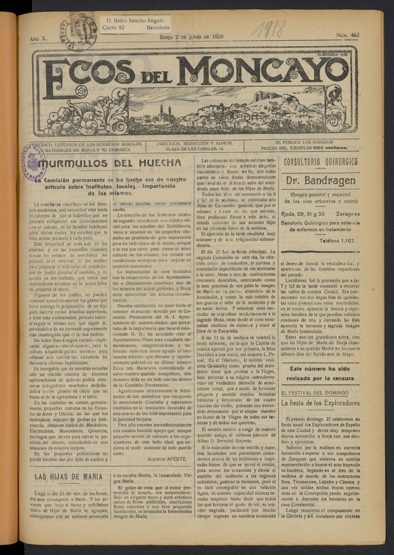 Ecos del Moncayo del 2 de junio de 1928