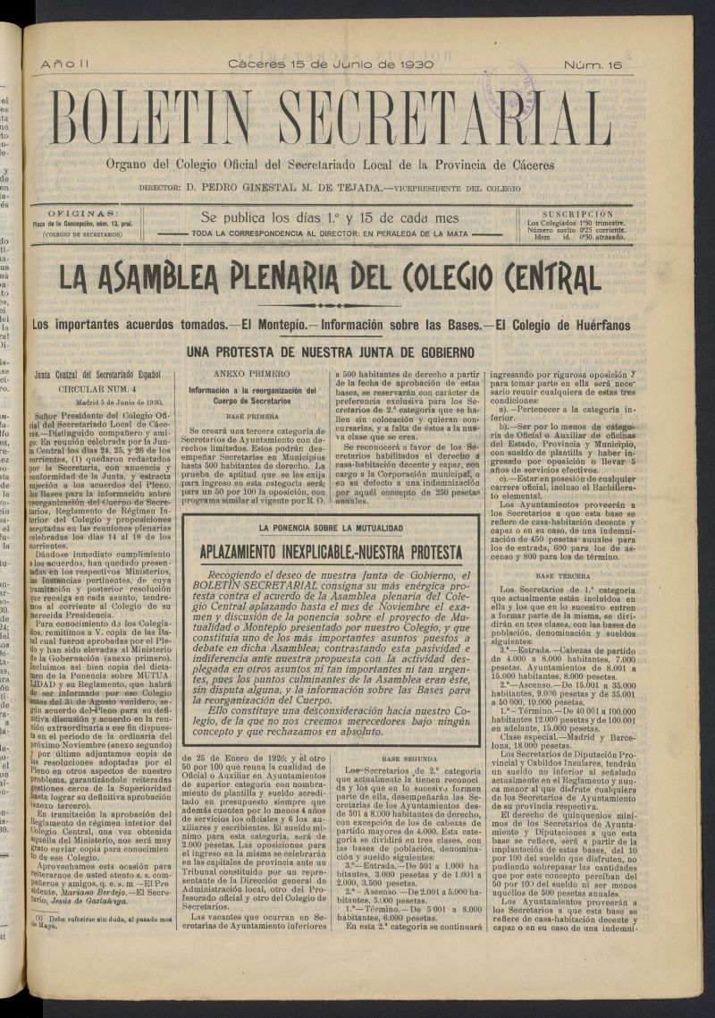 Boletn Secretarial (Cceres. 1929) del 15 de junio de 1930