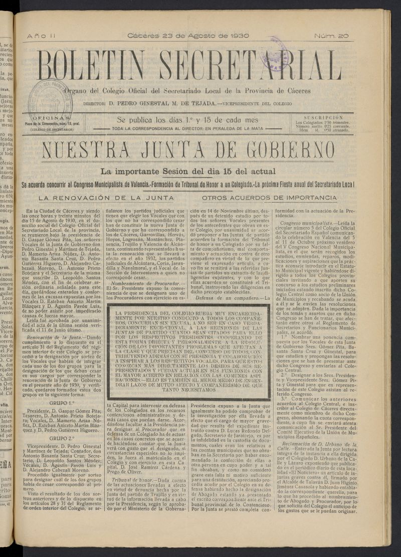 Boletn Secretarial (Cceres. 1929) del 23 de agosto de 1930