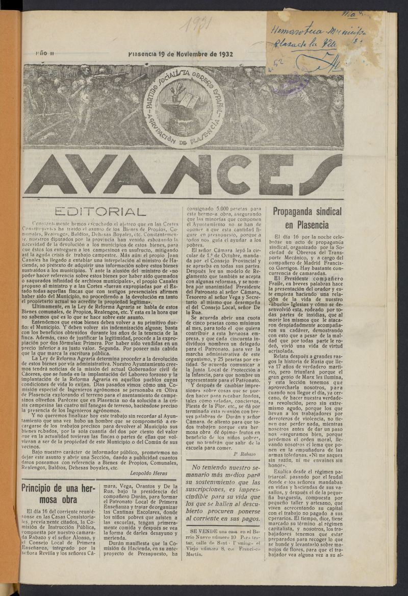 Avances (Plasencia, 1932) del 19 de noviembre de 1932