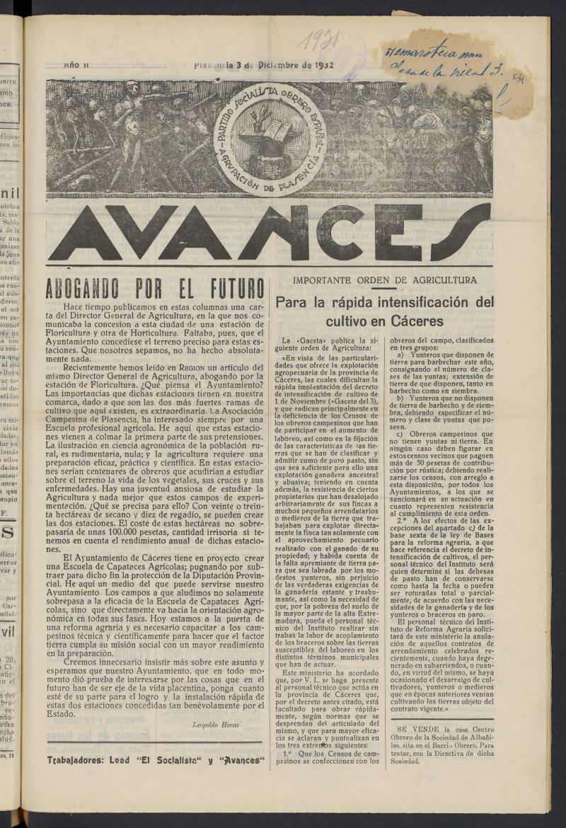 Avances (Plasencia, 1932) del 3 de diciembre de 1932