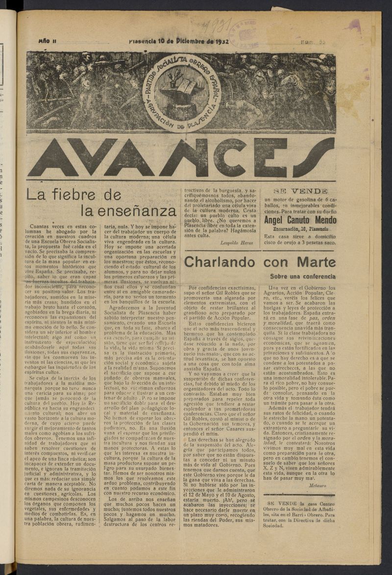 Avances (Plasencia, 1932) del 10 de diciembre de 1932