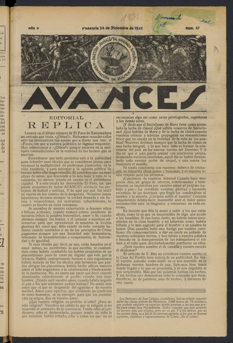 Avances (Plasencia, 1932) del 24 de diciembre de 1932