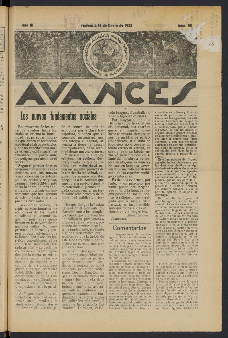 Avances (Plasencia, 1932) del 14 de enero de 1933
