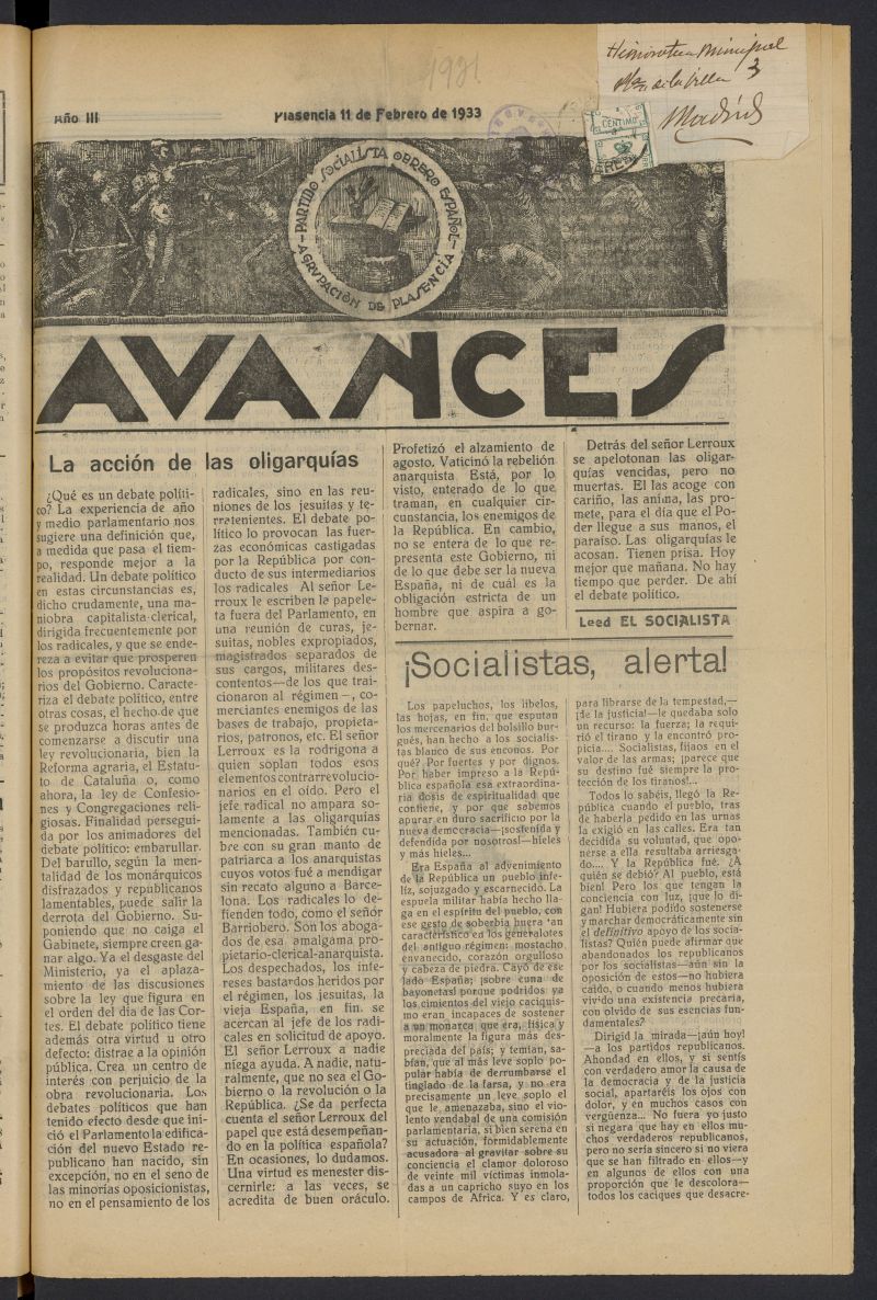 Avances (Plasencia, 1932) del 11 de febrero de 1933