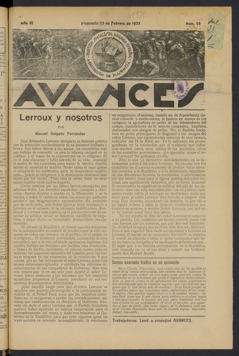Avances (Plasencia, 1932) del 25 de febrero de 1933