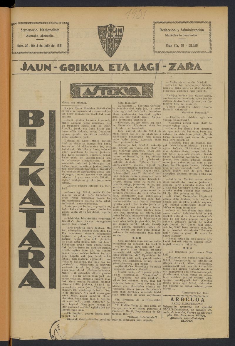 Bizcatara: Semanario nacionalista del 4 de julio de 1933