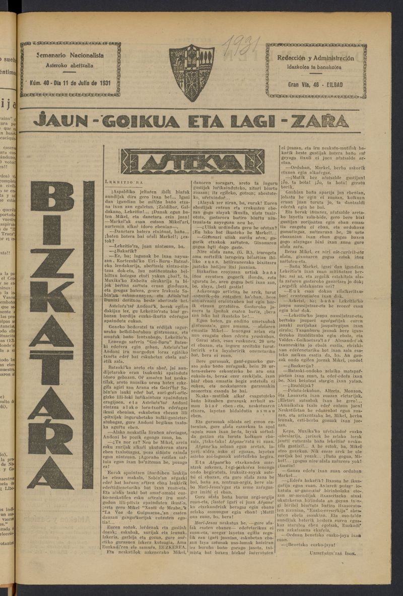 Bizcatara: Semanario nacionalista del 11 de julio de 1931