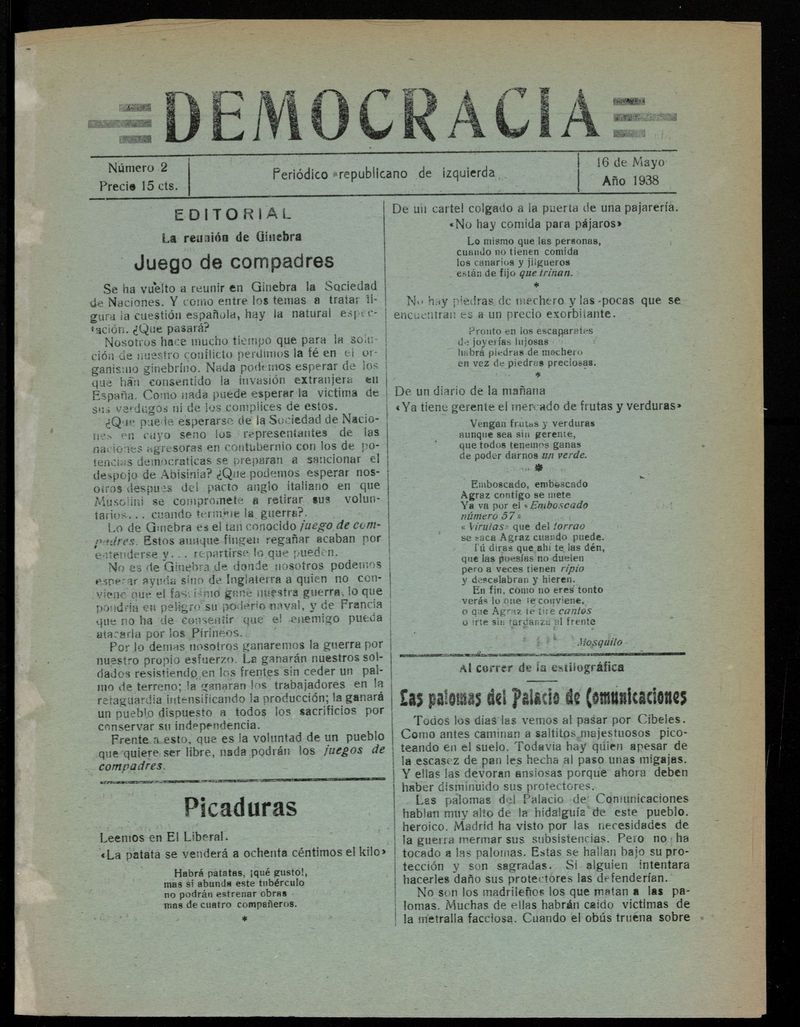 Democracia: peridico republicano de izquierda del 16 de mayo de 1938