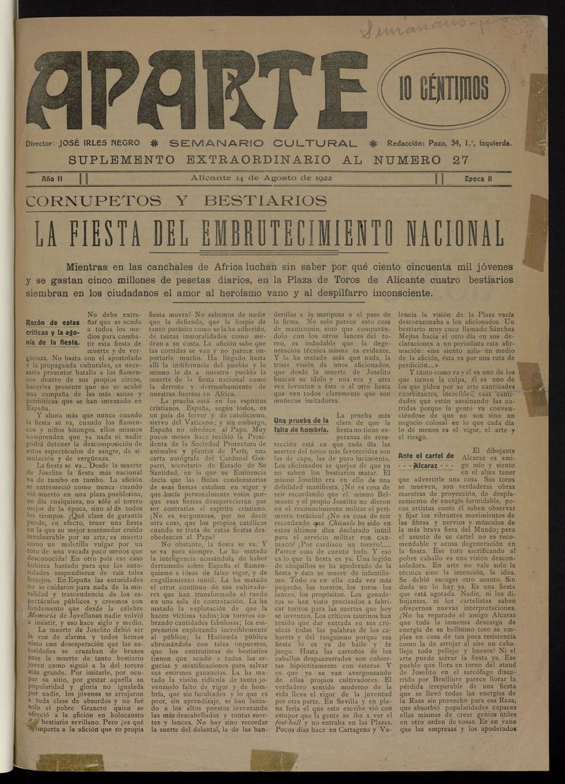 Aparte: Semanario Cultural del 14 de agosto de 1922