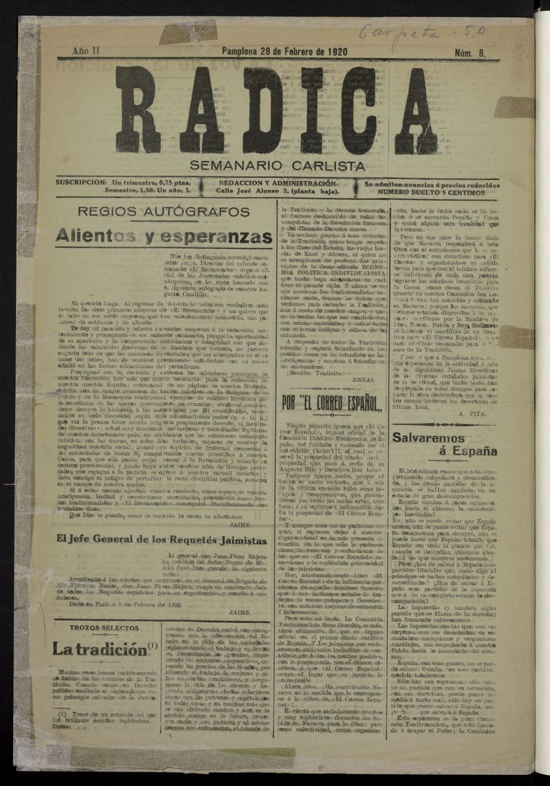 Radica: semanario carlista del 28 de febrero de 1820