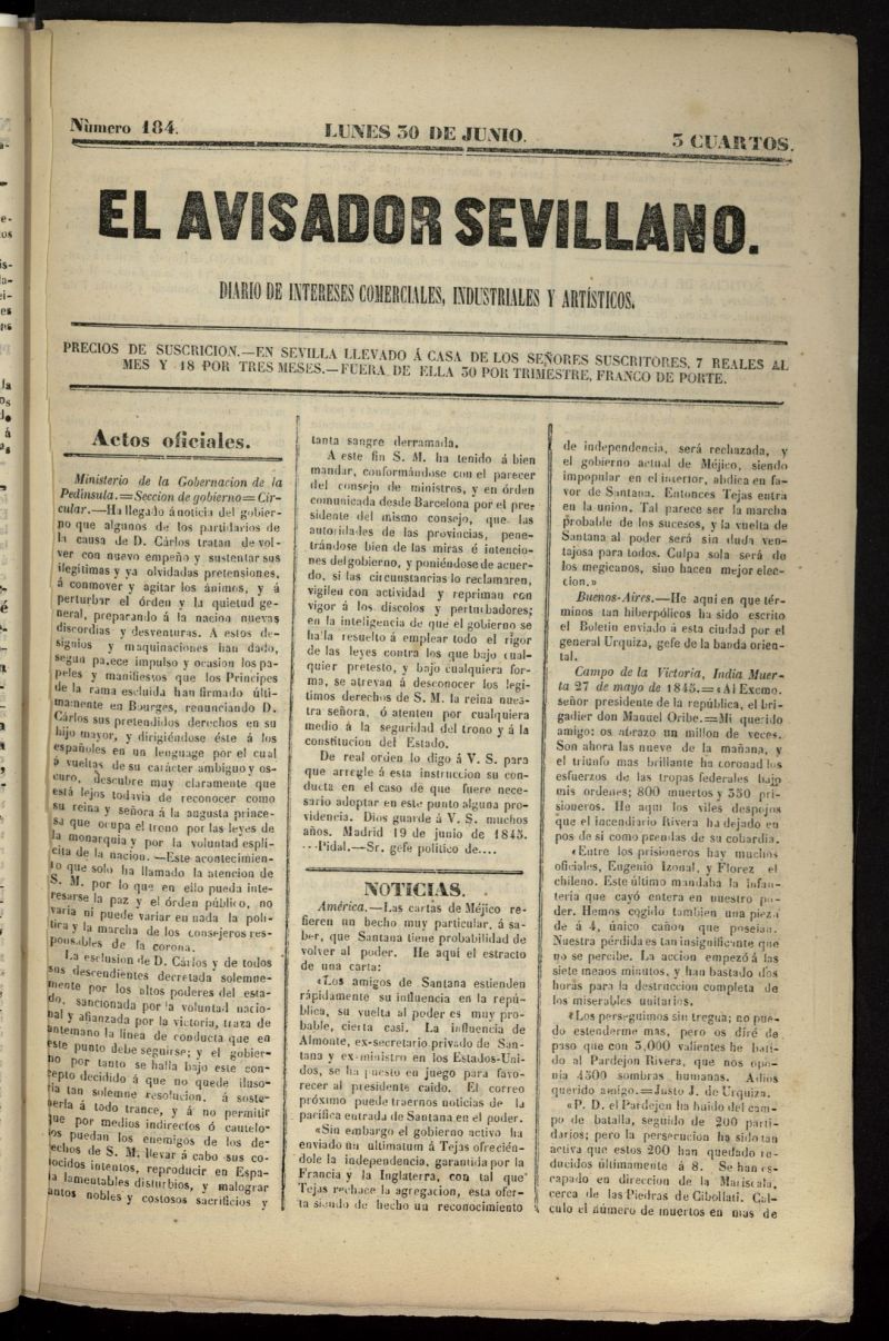El Avisador Sevillano del 30 de junio de 1845