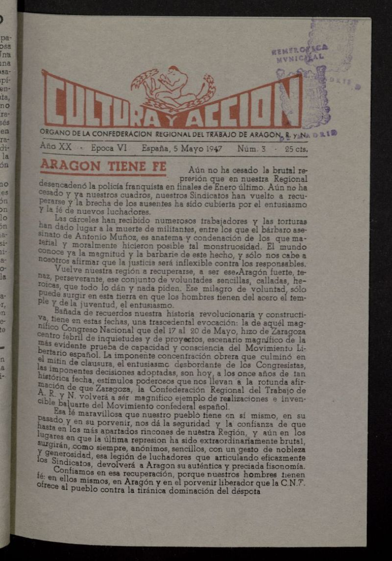 Cultura y Accin. rgano de la C.N.T. de Aragn, Rioja y Navarra del 5 de mayo de 1947