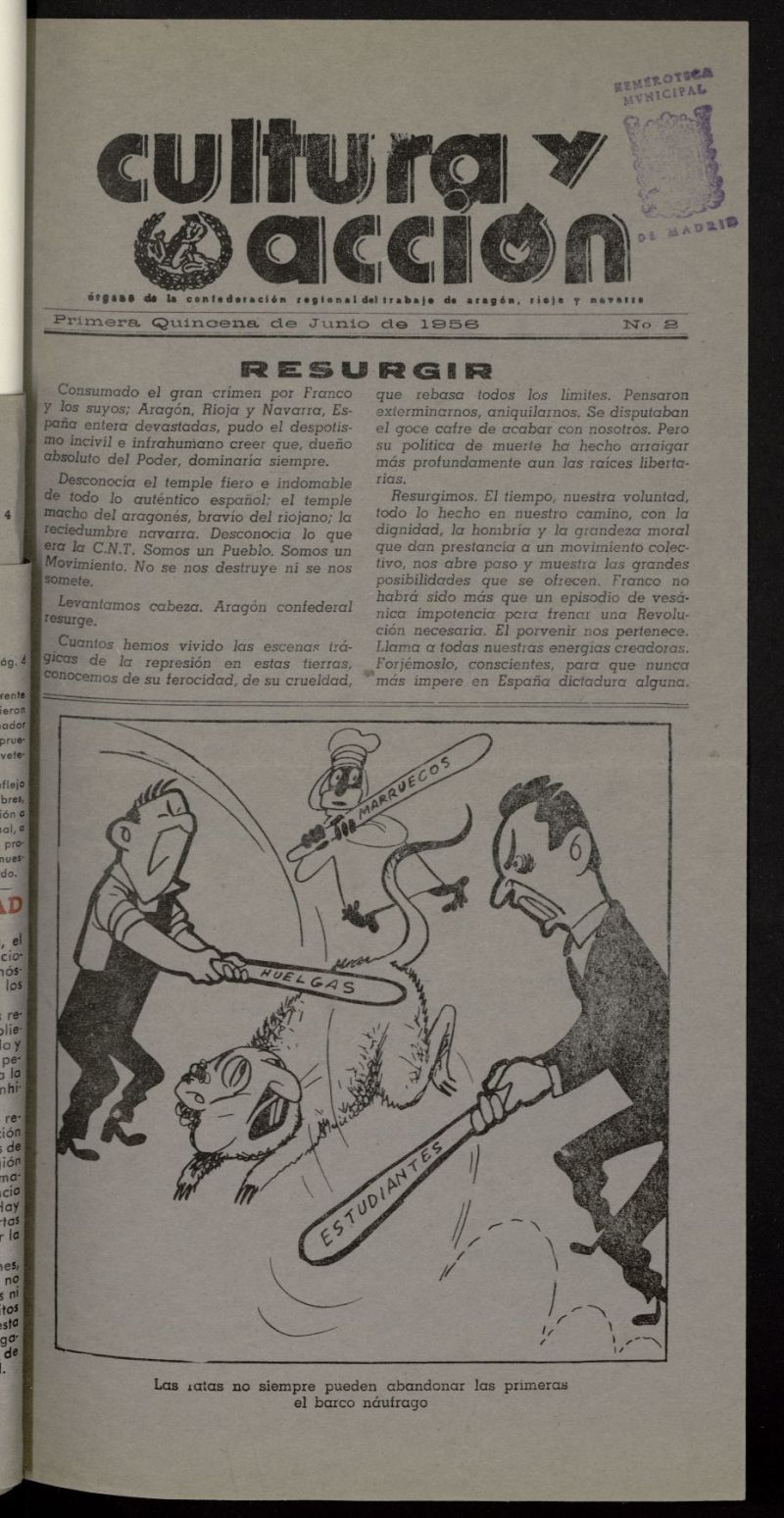 Cultura y Accin. rgano de la C.N.T. de Aragn, Rioja y Navarra de la 1 quincena de junio de 1956