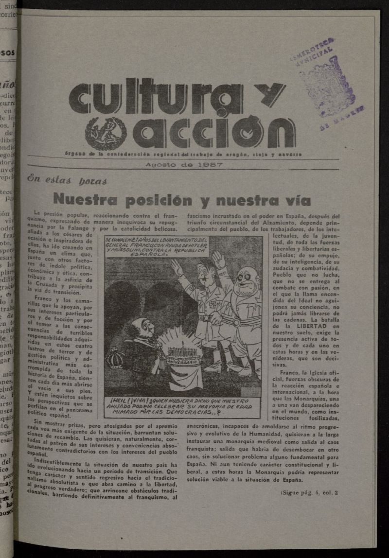 Cultura y Accin. rgano de la C.N.T. de Aragn, Rioja y Navarra de agosto  de 1957